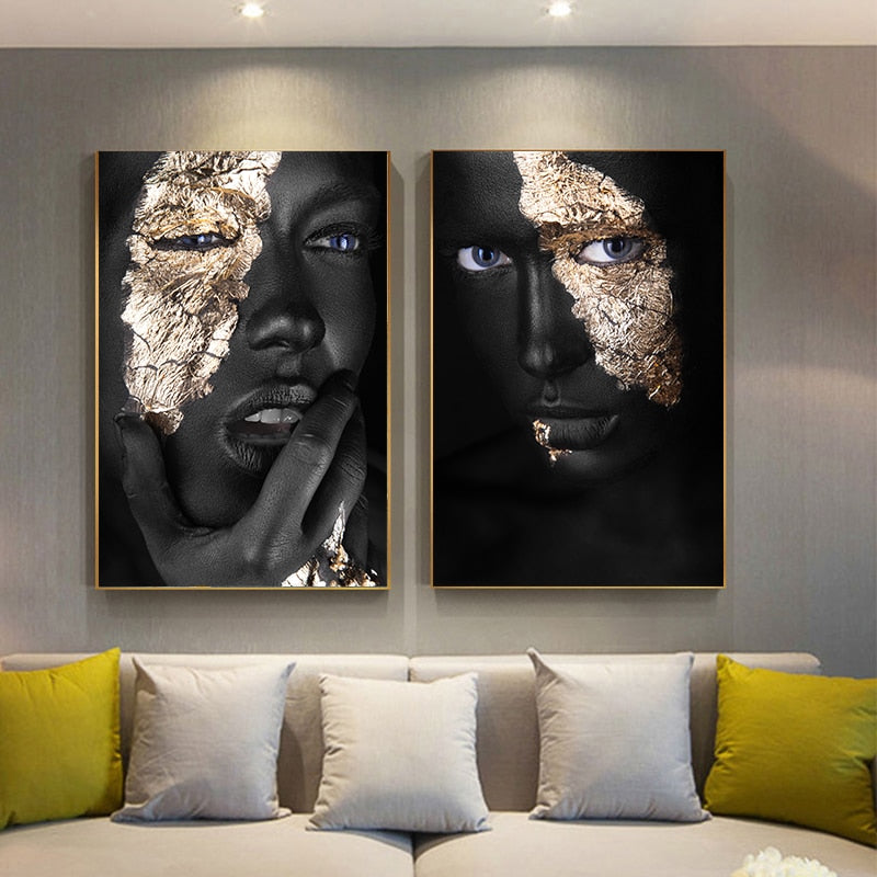 Living Room Wall Art- Black & Gold Woman. Painting Photo Canvas Print. WickedYo
